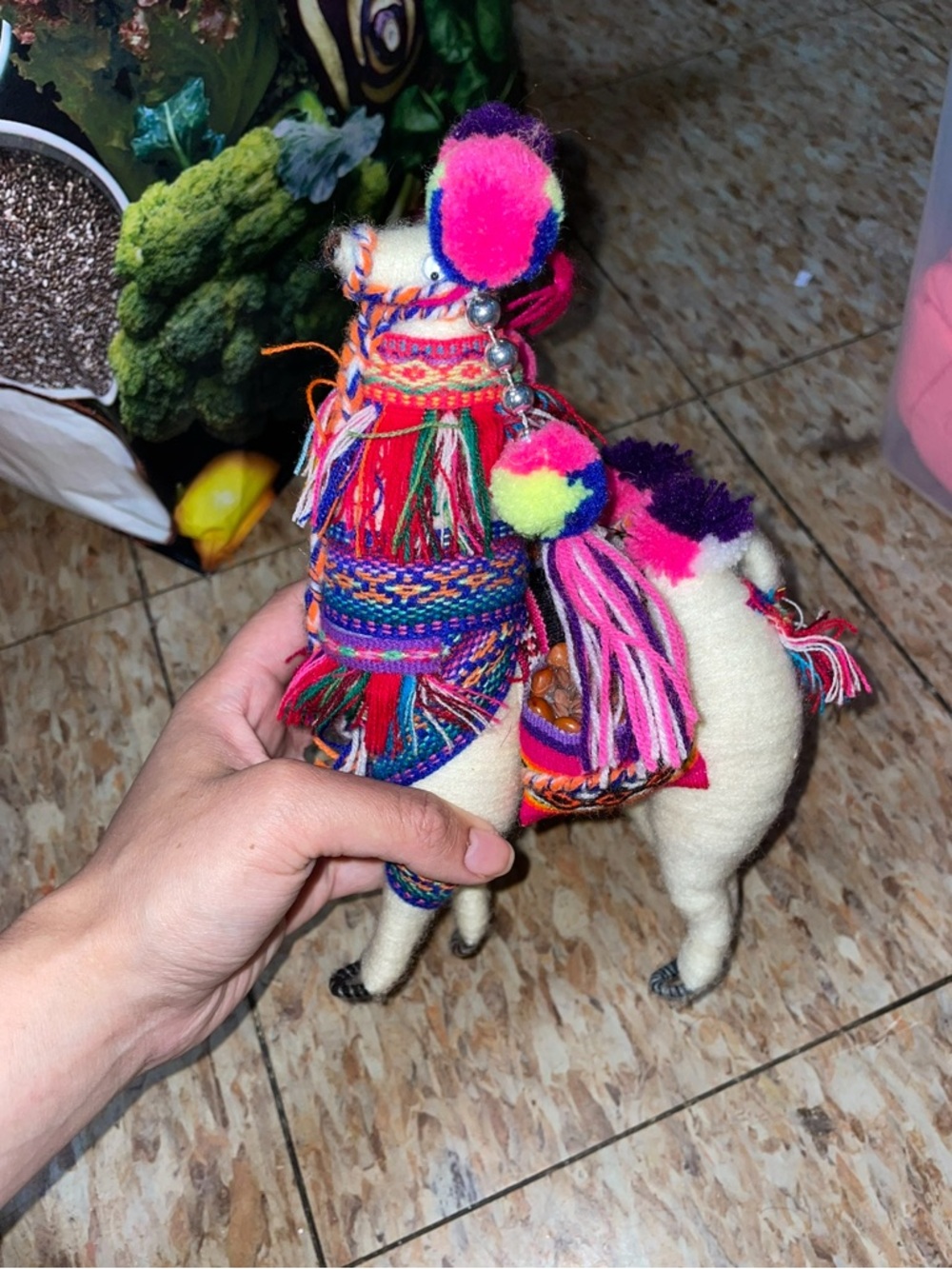 Handmade Peruvian Wool Llama with Colorful Pom-Poms